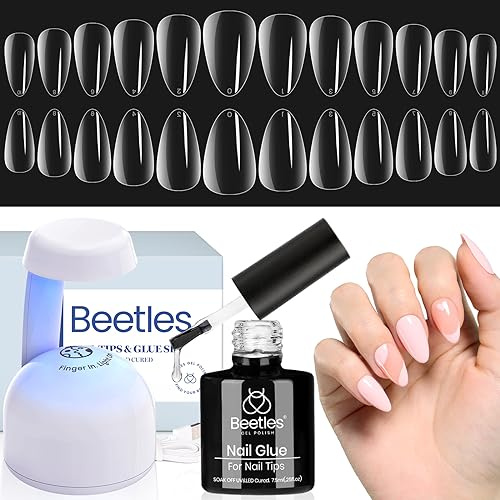 Beetles - Set di punte per unghie in gel con colla per unghie 9 in 1 e lampada a LED UV, 500 pezzi, con punta in gel, semplice estensione a forma di mandorla, punte finte in acrilico, per nail art fai