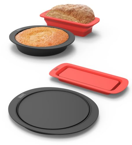 WAFE Round & Rectangle Cake Tins & Trays for Baking, Set of 2 Bread & Loaf Tins, Non Stick Collapsible Silicone Food Grade Moulds Pan for Brownie, Loaves, Chocolate Bar & More