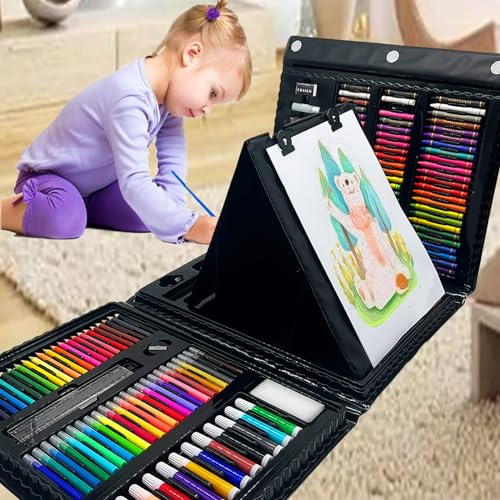 XDISHYN 208 Art Supplies,Drawing Art Kit for Kids Adults with Double Sided Trifold Easel, Oil Pastels, Crayons, Colored Pencils, Watercolor Pens Gift for Girls Boys Artist