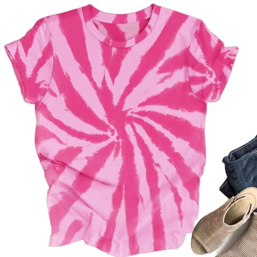 OCURHU Women Tie Dye Shirt Retro 60s 70s Hippie Tshirts Casual Fashion Short Sleeve Colorful Tops Loose Fit Pink L