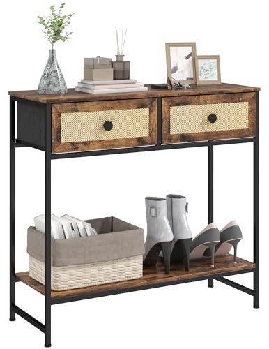 HOMCOM Mesa Consola Mueble para Recibidor con Estante Abierto y 2 Cajones Frontales de Ratán Consola para Recibidor Entrada Pasillo 80x30x75 cm Marrón Rústico