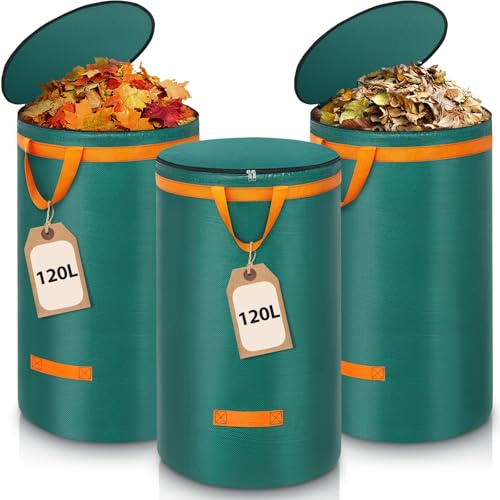 Enbagold Lot de 3 sacs à déchets de jardin solides de 120 l - Avec couvercle et poignées - Grand sac à déchets de jardin - Sacs de jardin autoportants - Sacs à déchets verts