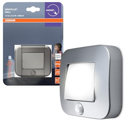OSRAM Lámpara de noche para pasillos NIGHTLUX, color plata, IP54, sensor de movimiento, funciona con pilas, luz blanca fría, 4000 K, ideal para pasillos y zonas de entrada.