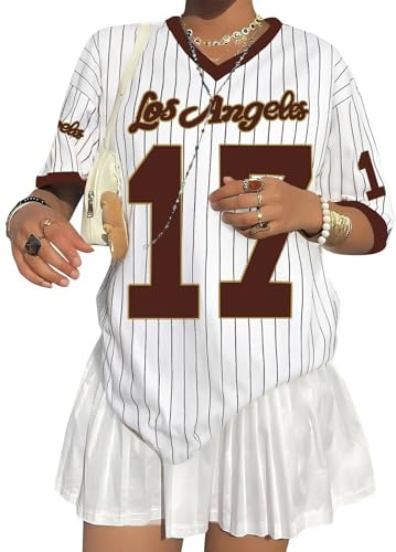 Oversized Jersey Shirts for Women Y2k Baseball Striped Number Graphic Tees V Neck Tshirt Casual Streetwear Tops Brown XL