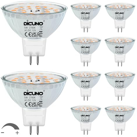 DiCUNO Lampadina LED GU5.3 MR16 Dimmerabile, 5W Equivalente 50W alogena, 12V, 440lm, Bianco caldo 2700K, Faretto LED per controsoffitto e faretti incasso, 10 Pezzi