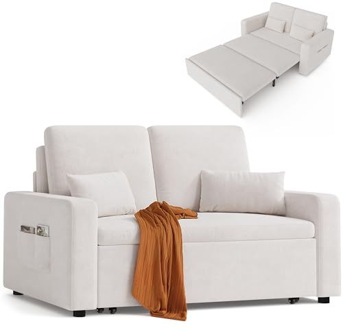 Xbro Schlafsofa 147x196x87 cm, Schlafsofa 2-Sitzer Ausziehbar, Sofa mit Schlaffunktion, Modernes Veloursstoff Sofabett, Beige