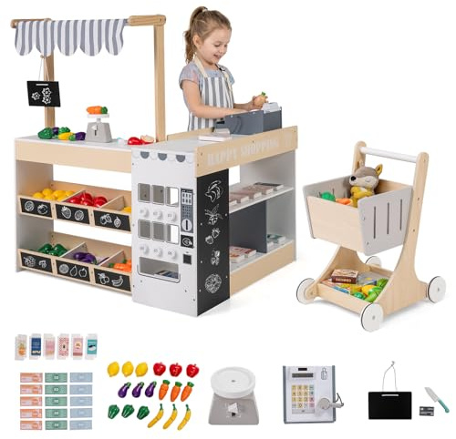 Costzon Kids Grocery Store Playset, Wooden Play Store w/Lights & Sound, Shopping Cart, Blackboards & Cash Register, Toddler Toy Grocery for Boys and Girls Ages 3+ (Natural, 35.5 x 31 x 41)