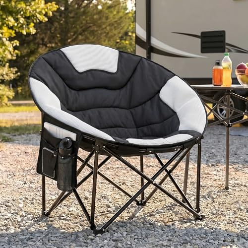 LIFERUN Silla de Camping Redonda, Silla Plegable de Camping 150KG, Silla de Exterior, Moonchair XXL, con Malla Transpirable, y Bolsillo Lateral, Bolsa Incluida, para Pesca, Playa, Jardín, Negro