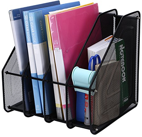 TOROTON Mesh Magazine File Rack Holder, 4 Compartments Metal Filing Rack Home Office Desk Book Sorter Storage Shlef for Paper Magazine Literature Documents and Books -Black