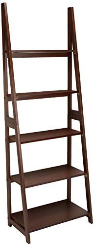 Amazon Basics 5-Tier Ladder Bookshelf Storage Organizer, Solid Rubberwood Frame, Space-Saving Bookcase, Sturdy Shelves, Walnut Finish, 14 D x 24.8 W x 70.1 H