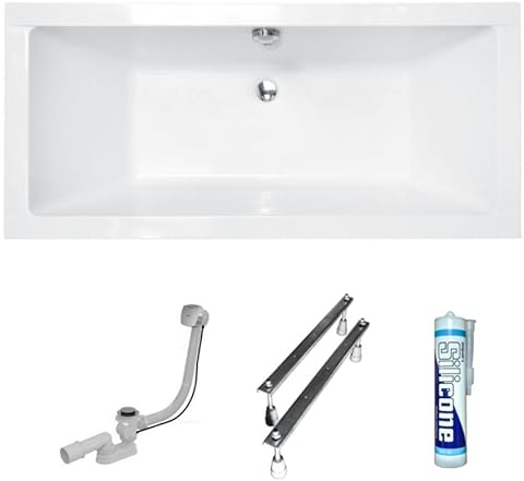 ECOLAM® Badewanne Wanne Rechteck Quadro Design Acryl weiß 165x75 cm + Ablaufgarnitur Ab- und Überlauf Automatik Füße Silikon Komplett-Set, Rechteckbadewanne für zwei