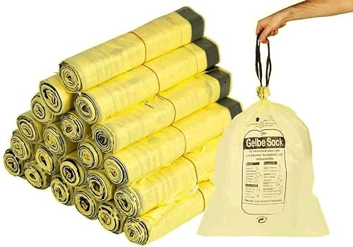 90L Gelbe Säcke Gelber Sack DSD Müllbeutel Recycling Müllsack mit Zugband Neu (5 Rollen)