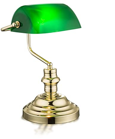 bmf-versand Bankerlampe Grün Messing mit Pflegetuch - Grüne Schreibtischlampe Retro Büro - Nachttischlampe mit Grünen Lampenschirm - Tischlampe Bürolampe für Schreibtisch Höhe 36 cm