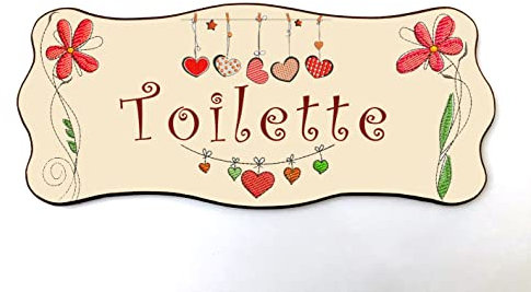 Targa per porta in legno stile shabby chic con scritta Toilette, per decorare le porte interne di casa. La targhetta misura cm 9x21 spessore 7 millimetri, con biadesivo (Bordo marrone)