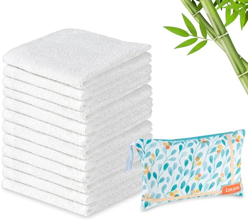 Lavien Home Confezione da 12 panni in bambù bianchi con pochette multiuso, asciugamani assorbenti ultra morbidi per viso, corpo, doccia, trucco, bambini e altro ancora, Cloud Touch, salviette
