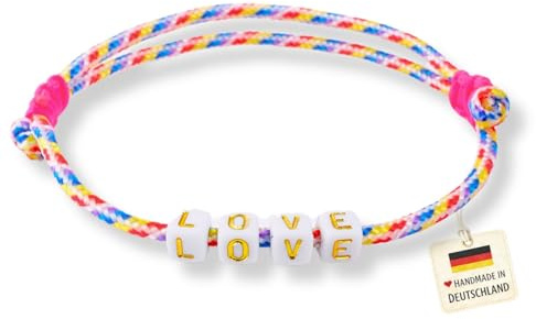 happymaker - Segeltau Armband Damen und Männer, Sommer Armband Damen mit neon Knoten und Buchstaben - Love - größenverstellbar, wasserfest und handmade in Deutschland