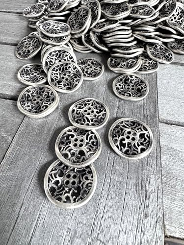 10 Stück silber antik gemusterte 4 Loch Metall Knöpfe leicht gewellt 23mm