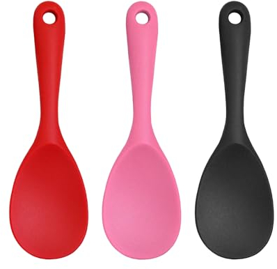 3 Cucchiai Da Cucina in Silicone - Cucchiaio Da Riso e Portata Con Testa Rotonda e Manico Lungo - Utensili Da Cucina (Rosa, Nero)