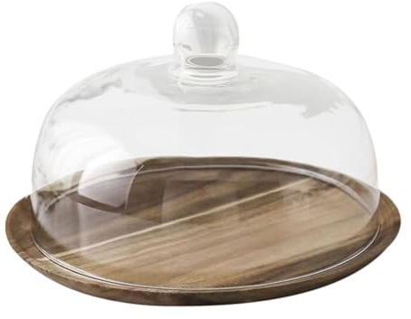Luxshiny Wooden Dessert Tray with Dome Cover, Glass Base Cake Plate