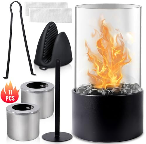 MOYKSRR Tischkamin, Einzigartiger Tischkamin, Terrassenkamin mit Deko Steinen und 2 Brennkammern, Unendliche Brenndauer, Bioethanol Tischkamin für Indoor Outdoor Balkon Terrasse Wohnung Garten Deko