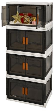 VERTICAL BOX 86L Plastic Storage Cabinet with Wheels, Stackable and Collapsible Storage Boxes with Individual Lids, Toy Storage Container with Doors, Wardrobe, Home Office Organiser (Pack of 4)