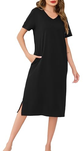 Wikoan Abiti Lunghi da Donna Camicie da Notte con Scollo a V Colori Solidi Abiti Lunghi a Maniche Corte con Tasche,S-XXL