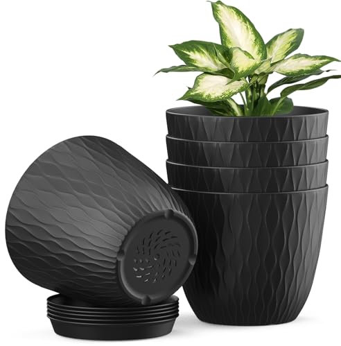 Plastic Plant Pots Indoor, 5 Pack 15cm Stripe Grooves Flower Pots with Drainage Holes and Tray, Modern Decorative Planter Pot for All House Plants（Black）