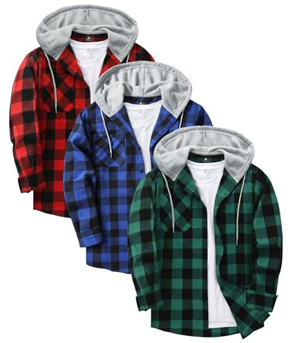 JACKETOWN 3 Pack Men's Plaid Shirts Long Sleeve Casual Hooded Flannel Shirt Multipack Work Checked Shirts Adult 4 Seasons Lightweight Button Down Hoodie with Pocket
