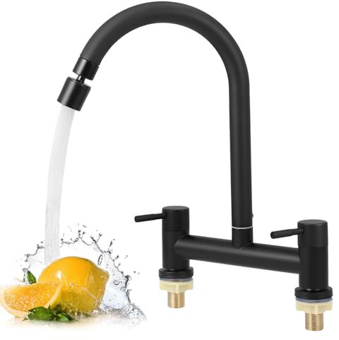 2 Hole Bridge Mixer Taps, Kitchen Sink Mixer Tap with 2 Function Aerator, Hot and Cold Dual Lever Kitchen Taps, 180mm Centers Deck Mounted Faucet, 1/4 Turn, 360° Swivel Spout, Chrome(Black)