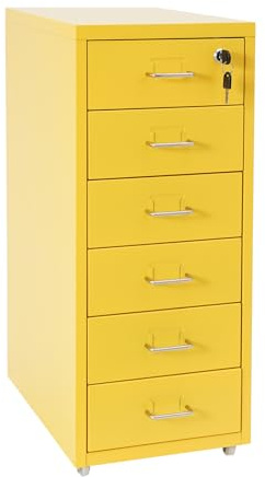 DeeDuud Conteneur à roulettes en métal - Meuble de bureau pour bureau - Organiseur de bureau avec 6 tiroirs - Armoire à tiroirs verrouillable sur roulettes - 28 x 41 x 69 cm - Jaune