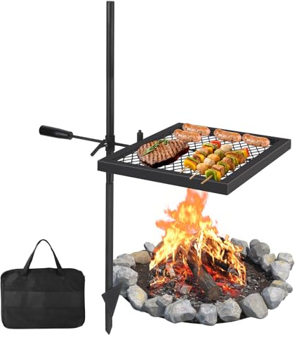 Heavy Duty 360° Swivel Campfire Grill for Fire Pit – Adjustable Steel Cooking Grate with Carry Bag – Portable Outdoor BBQ Equipment for Camping & Garden, 16.7 x 12.6 in, Vertical