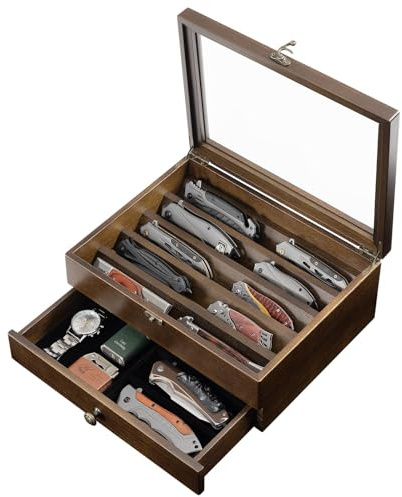 amoard Knife Display Case Knife Collection Display Holder with Glass Lid, 2-Layer Wooden Pocket Knife Case with Drawers