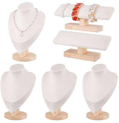 Rainmae 4 Pcs Jewelry Display Set, Necklace Display Stand and T Bar Bracelet Holder, Wooden Necklace/Watch/Bracelet Display Rack, Jewelry Bust for Selling for Vendors Home Trade Organizer (Medium)