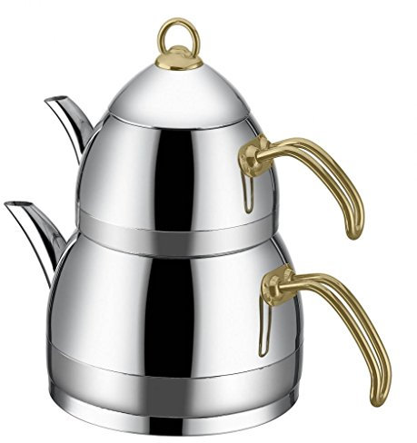 TAÇ Festa Platin Teekanne Set – 18/10 Edelstahl Teekocher – Induktion & Spülmaschinenfest – Geschenkidee für Teeliebhaber – Türkischer Çaydanlık (Gold, Family)