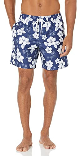 Amazon Essentials Short de Bain avec Doublure en Maille, Poches et Fermeture à Cordon Homme, Bleu Marine Fleur D'hibiscus, L