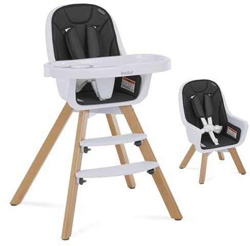 Evolur Zoodle 2-in-1 High Chair for Baby & Toddler – Convertible High Chair to Toddler Chair, Padded Seat, 5-Point Safety Harness, Dual Dishwasher-Safe Trays, Solid Beechwood Legs – Black