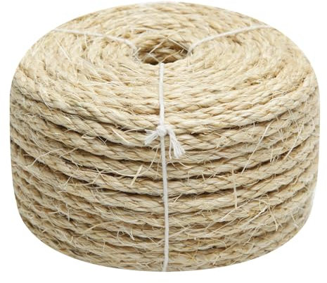 Cat Natural Sisal Rope 1/4 Inch 6mm 164-Feet for Cat Scratching Post Tree Tower Replacement Repair and Replace, DIY Hemp Twine Rope for Cat Scratching Furniture Window Perch and Crafts Gardening