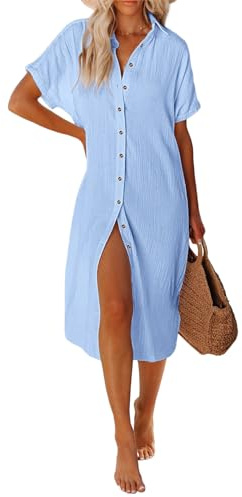 UMIPUBO Women Beach Cover Ups Casual Short Sleeve Beachwear Swimsuit Bikini Cover-Up Button Down Side Split Long Kimonos Bathing Suit Cardigans Beach Dress (Blue, S)