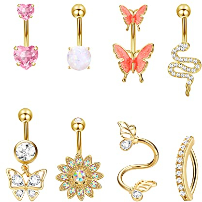 Dochais Piercing Set: Bauchnabel Piercings in Edelstahl & Gold, CZ Steine, 10mm Länge, Herz & Schmetterling Design für Damen & Männer, 14G