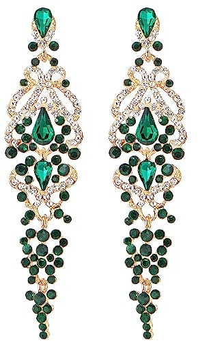 Art Déco Long Pendantes Statement Boucles d'oreilles, Vert Cristal Strass Cluster Chandelier Lustre, Fête Bal de Promo