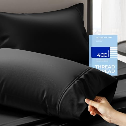 Thread Spread 100% Cotton Pillow Cases Queen Size Set of 2 - Luxury 400 Series Glee Collection Queen Pillow Cases (Black), Soft Cooling Breathable Hotel Cotton Pillowcases, Fits Standard Pillows