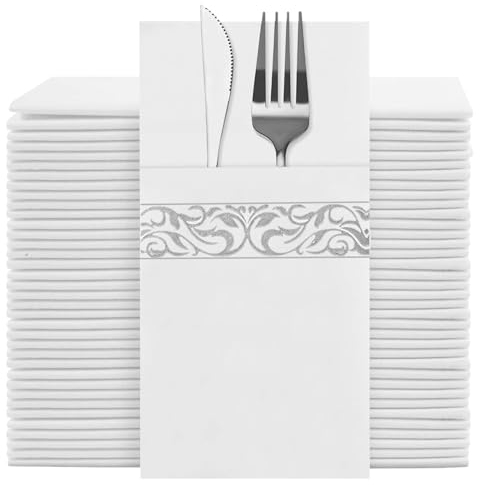 YIDUHAO Disposable Linen Feel Napkins, Built-in Flatware Pocket, Decorative Wedding Napkins with Silver Stripe Print, Folded Party Napkin, Soft, Strong, Absorbent, and Pre-Folded,Pack of 50