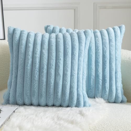 Mandioo 2er Set Kissenbezug gestreiftes Künstlich Pelz Superweich Kissen Flauschig Modern Kissenhülle Deko Sofa Wohnzimmer Schlafzimmer Kissenbezüge 50 x 50 cm Hellblau