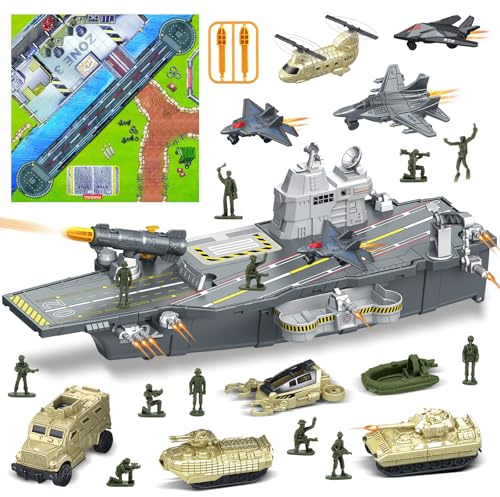 deAO Porte-Avions De Jouet, Navire Militaire avec 10 Soldats, Hélicoptères, Chars, Maquette De Bateau Cuirassé, Kit de Jouets Militaires Cadeau pour Enfants 3-12 Ans