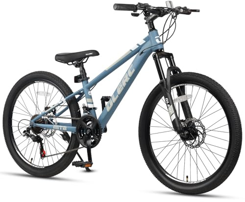 Glerc Skyline Kids Mountain Bike per ragazzi e ragazze, 24 pollici, bicicletta per bambini da 10 11 12 13 14 15 16 17 18 anni, bicicletta a 21 marce con sospensioni anteriori e freni a disco, blu