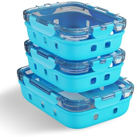 NAVERIT Récipients hermétiques pour aliments avec couvercle en silicone | Set de couvercles en verre et plastique | Boîte à déjeuner en verre (2 x 370 ml + 1 x 640 ml)