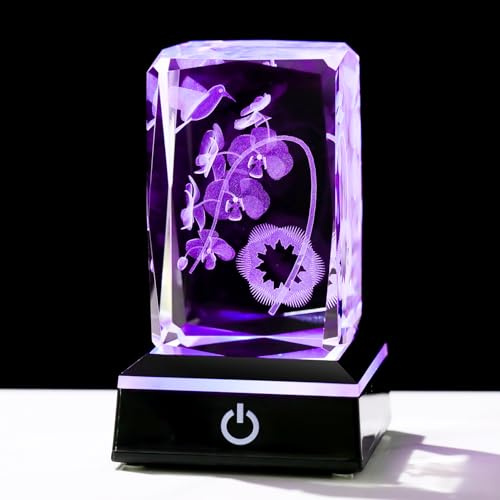 Movdyka Crystal 3D Orchids with Birds Special Flowers Gifts for Women with LED Lights Phalaenopsis Engraved Glass Ornament for Home Birthday Presents for Her