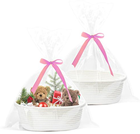 LOLYSIC 2Pcs Hamper Baskets for Gifts Empty, White Cotton Rope Woven Gift Baskets with Cellophane Bags & Bows, for Wedding Baby Shower Birthday Christmas Easter, 31x21x13cm