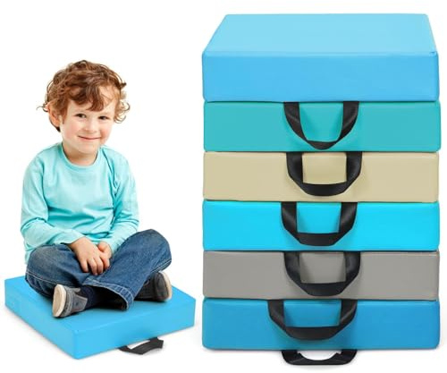 GLACER 6 Pcs 15 Floor Cushions for Kids, 3 Thick PU Waterproof Flexible Seating for Classroom Elementary w/Detachable Cover, Handle, Floor Pillow for Daycare, Preschool, Home (Square, Blue)