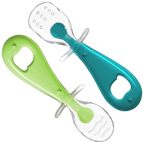 CROCOKID® Baby-Löffel Erste Mahlzeiten - Set mit 2 Sensorischen Lernlöffeln, Ergonomisches Silikon & BPA-frei | Weiche Babylöffel für Selbstständiges Essenlernen - Blau & Grün